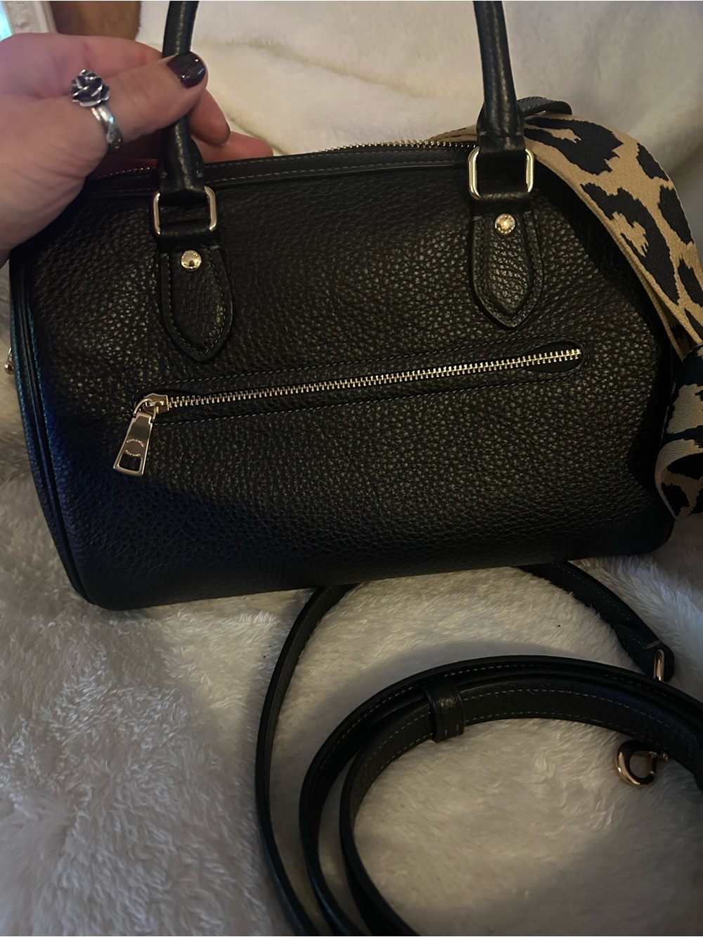 Coach Black Pebbled Leather Satchel with Leopard Strap and Pouch - Picture 2 of 9